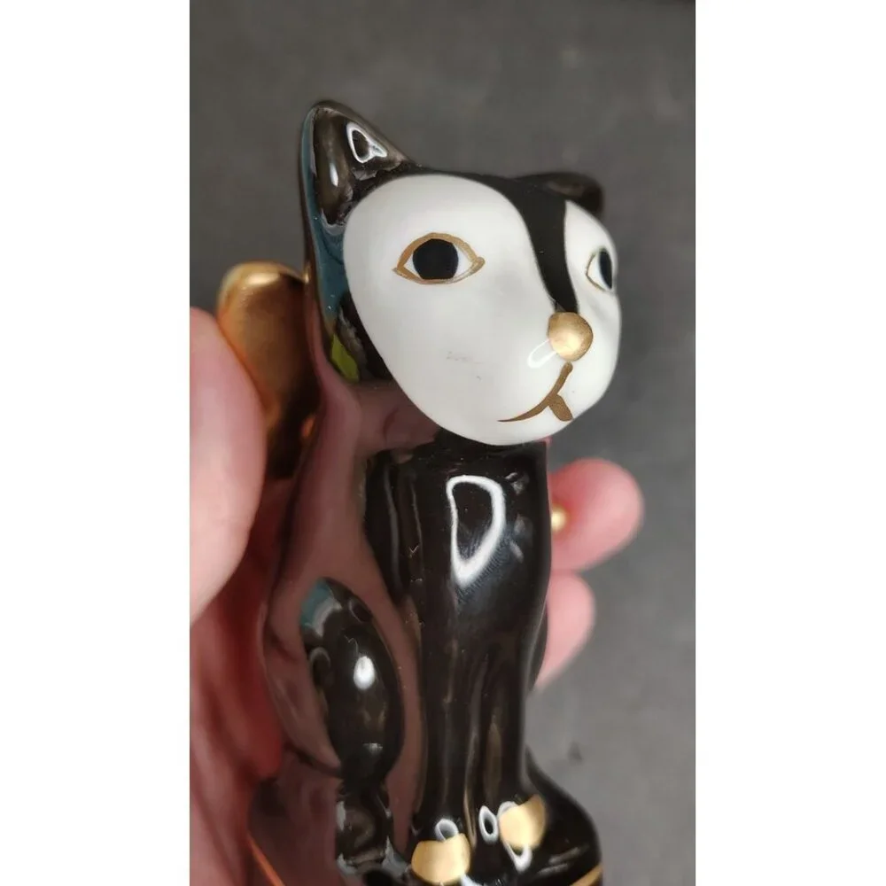 West Elm Black White Cat Angel Wing Cat Figurine, Gold Wings Nose Toes, Ceramic